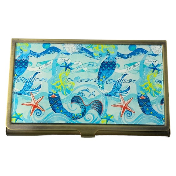 Mermaids & Starfish Business Card Holder Nautical, Brass & Glass Case, Gift Box - Picture 2 of 5
